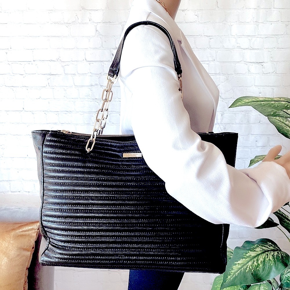 Kate Spade Black Large Quilted Leather Handbag Shoulder Gold Chain Strap